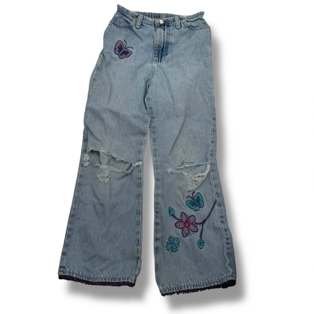 OshKosh B'gosh‎ Wide Jeans Girls 6X Blue Embroidered Butterfly Ripped Y2K FLAWED